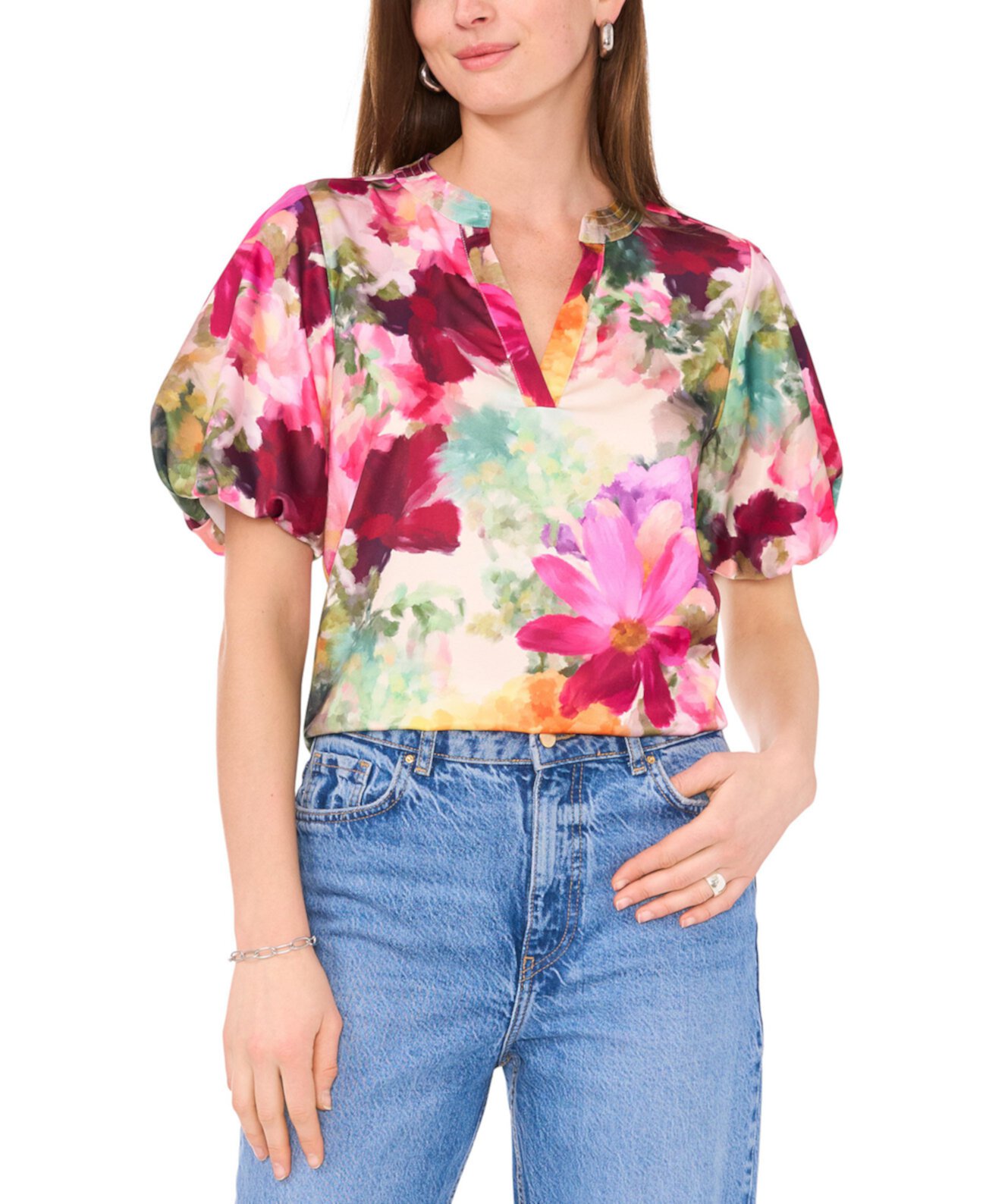 Women's Floral Split-Neck Puff-Sleeve Top Vince Camuto