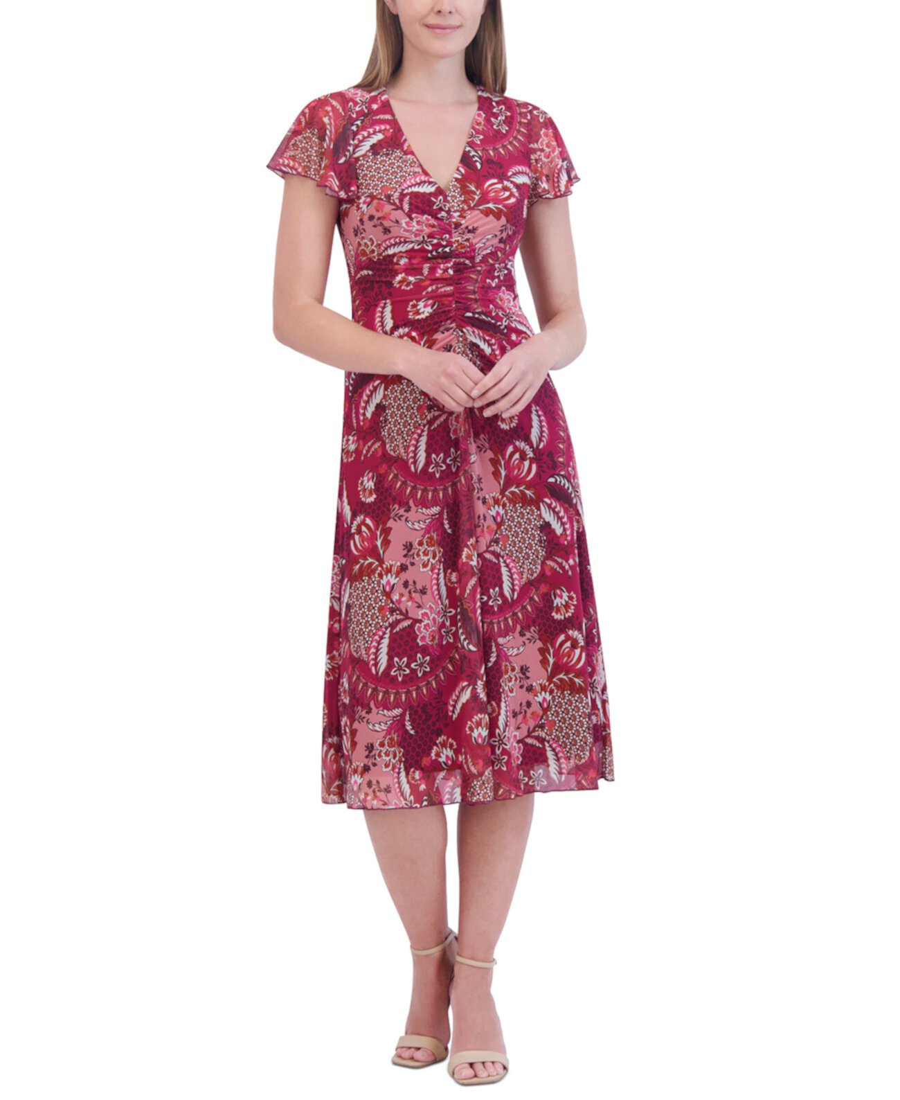 Women's Printed V-Neck Ruched Midi Dress Jessica Howard