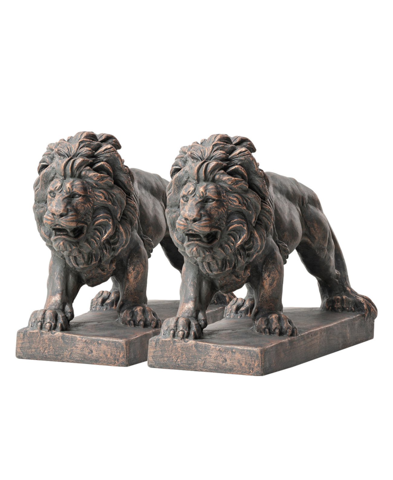 Set of 2  Bronze Walking Lion Garden Statue Glitzhome