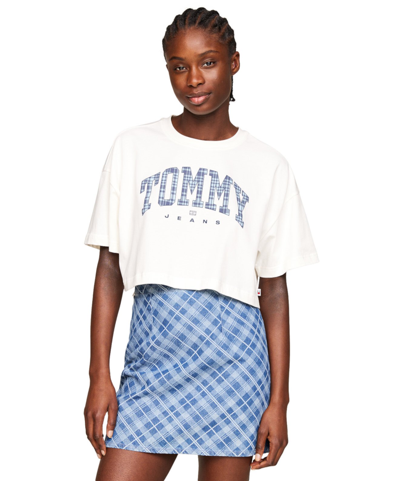 Women's  Cotton Oversized Cropped Tartan Graphic T-Shirt Tommy Jeans