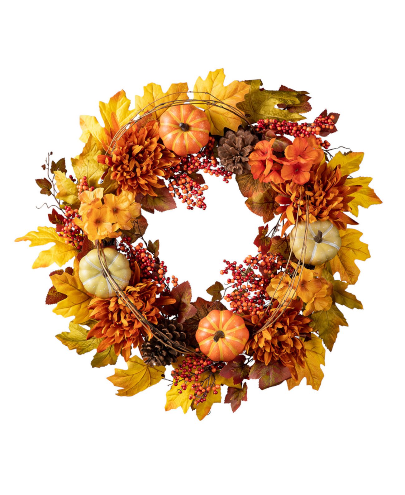 24"D Fall Dahlia Pumpkin, Leaf and Berry Wreath Glitzhome