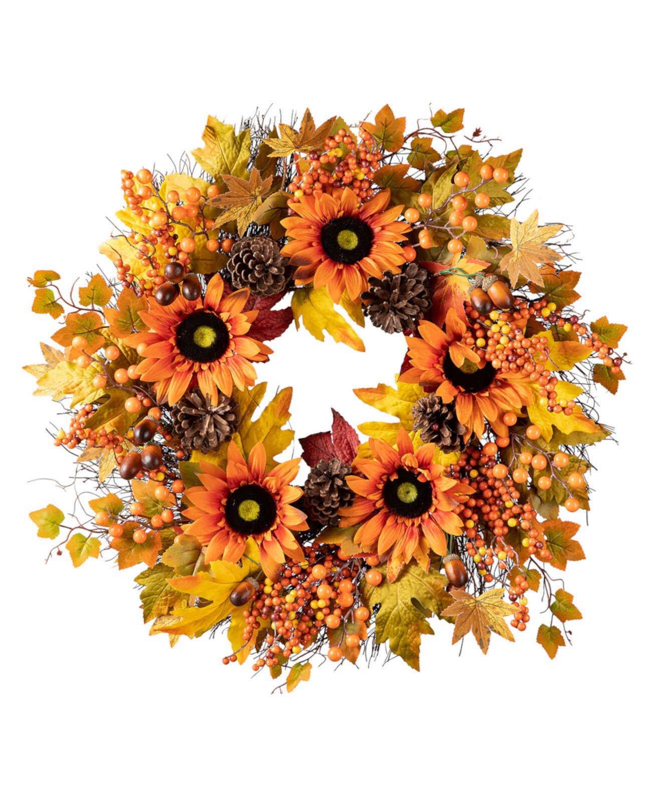 24"D Fall Sunflower, Maple Leaf and Berry Wreath Glitzhome