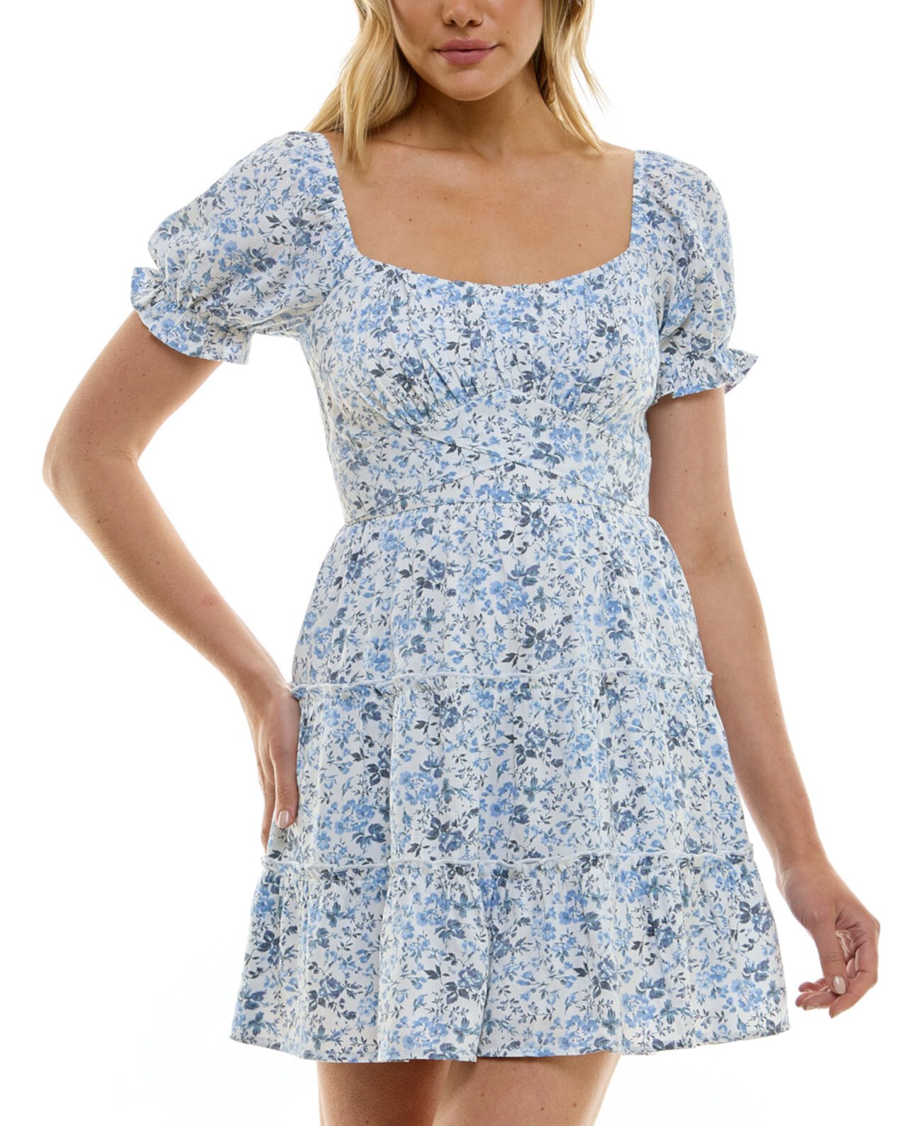 Juniors' Floral-Print Puff-Sleeve Fit & Flare Dress Trixxi