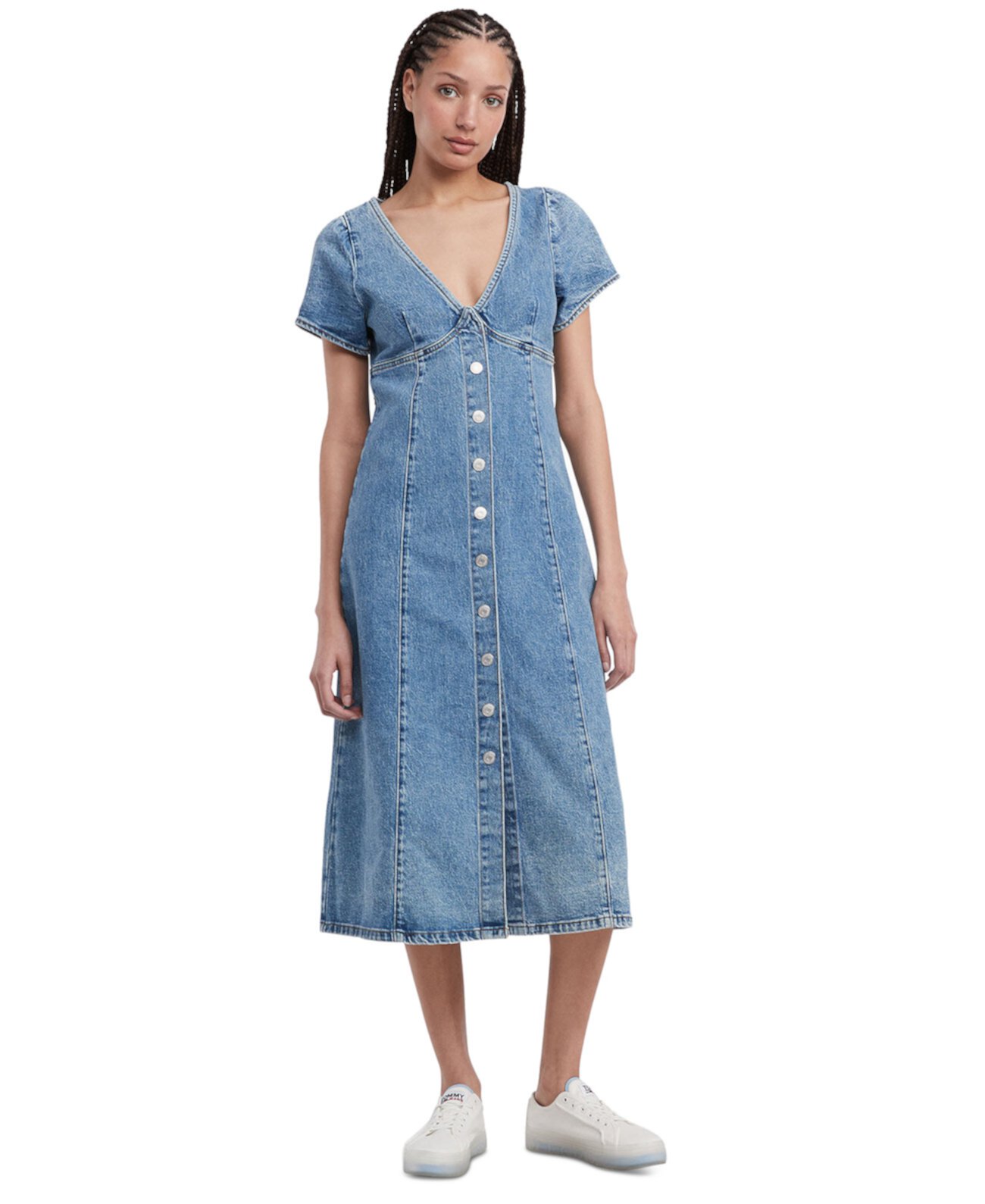 Women's Short Sleeve Button-Front Denim Midi Dress Tommy Jeans