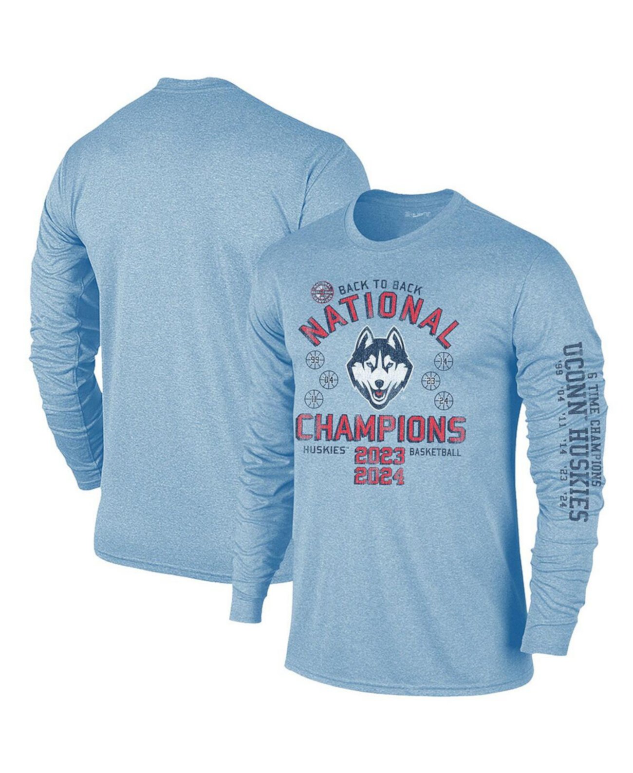 Men's Light Blue UConn Huskies Back-To-Back NCAA Men's Basketball National Champions Long Sleeve T-Shirt Original Retro Brand