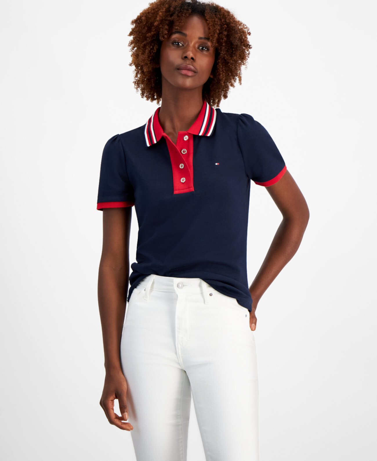 Women's Cotton Contrast Puff-Sleeve Polo Tommy Hilfiger