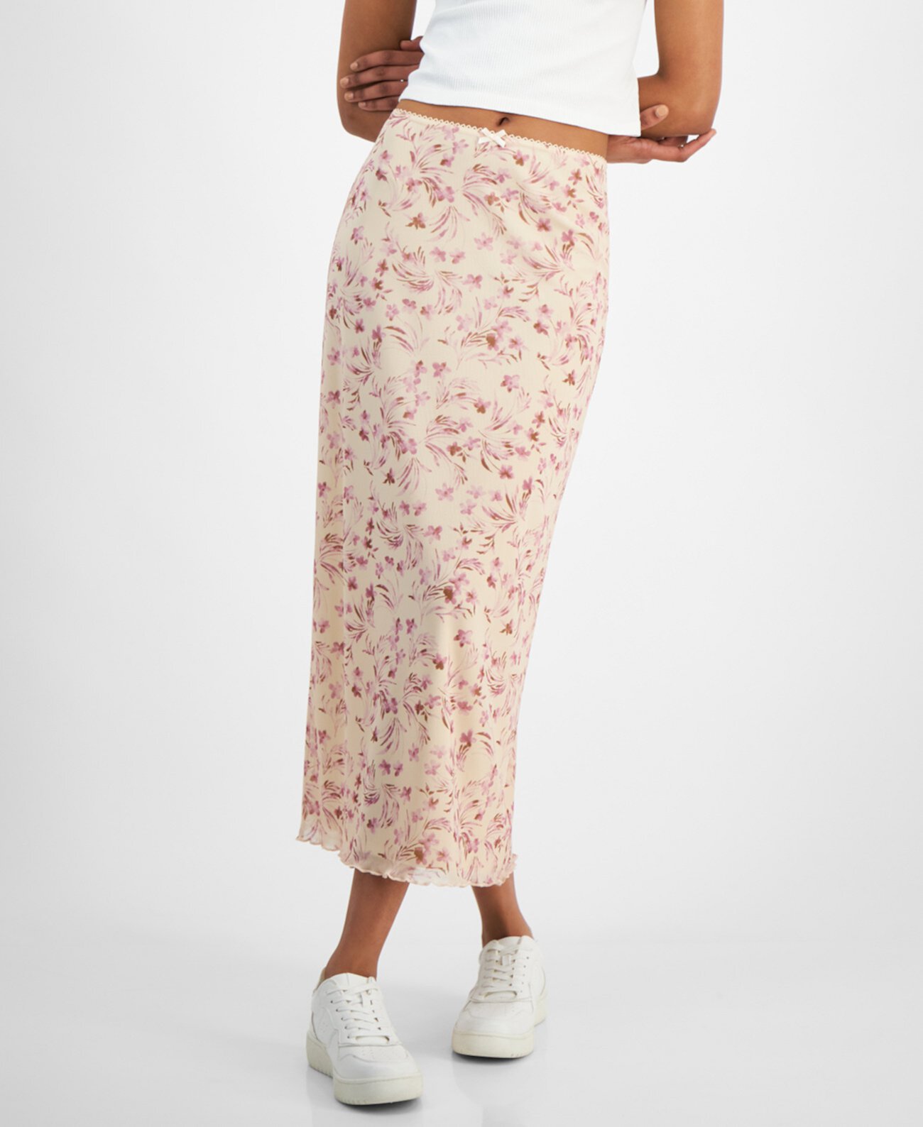 Juniors' Floral-Print Lace-Trimmed Midi Skirt Hippie Rose