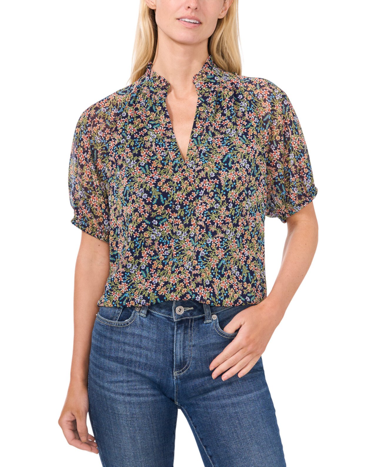 Women's Printed Split-Neck Raglan-Sleeve Blouse CeCe