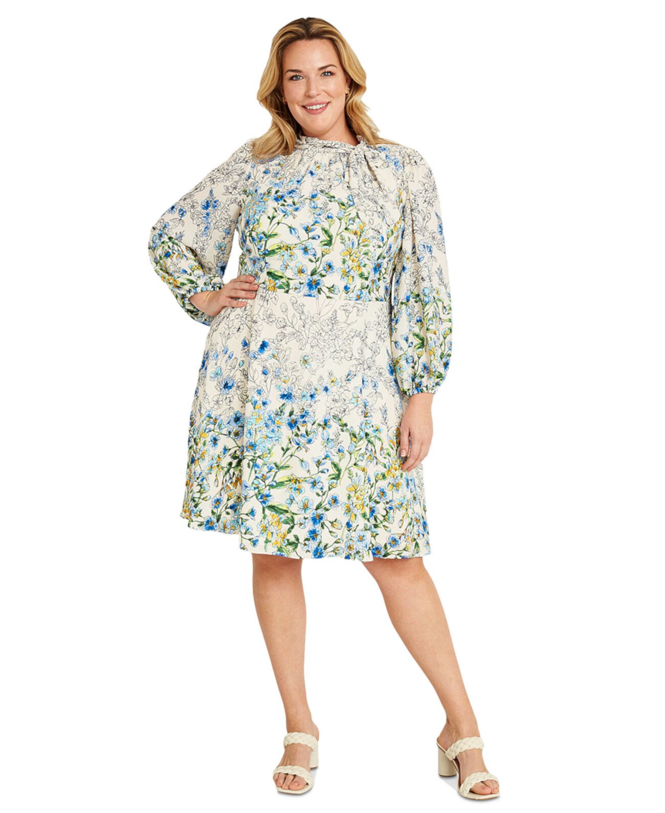 Plus Size Floral-Print Tie-Neck Dress Maggy London