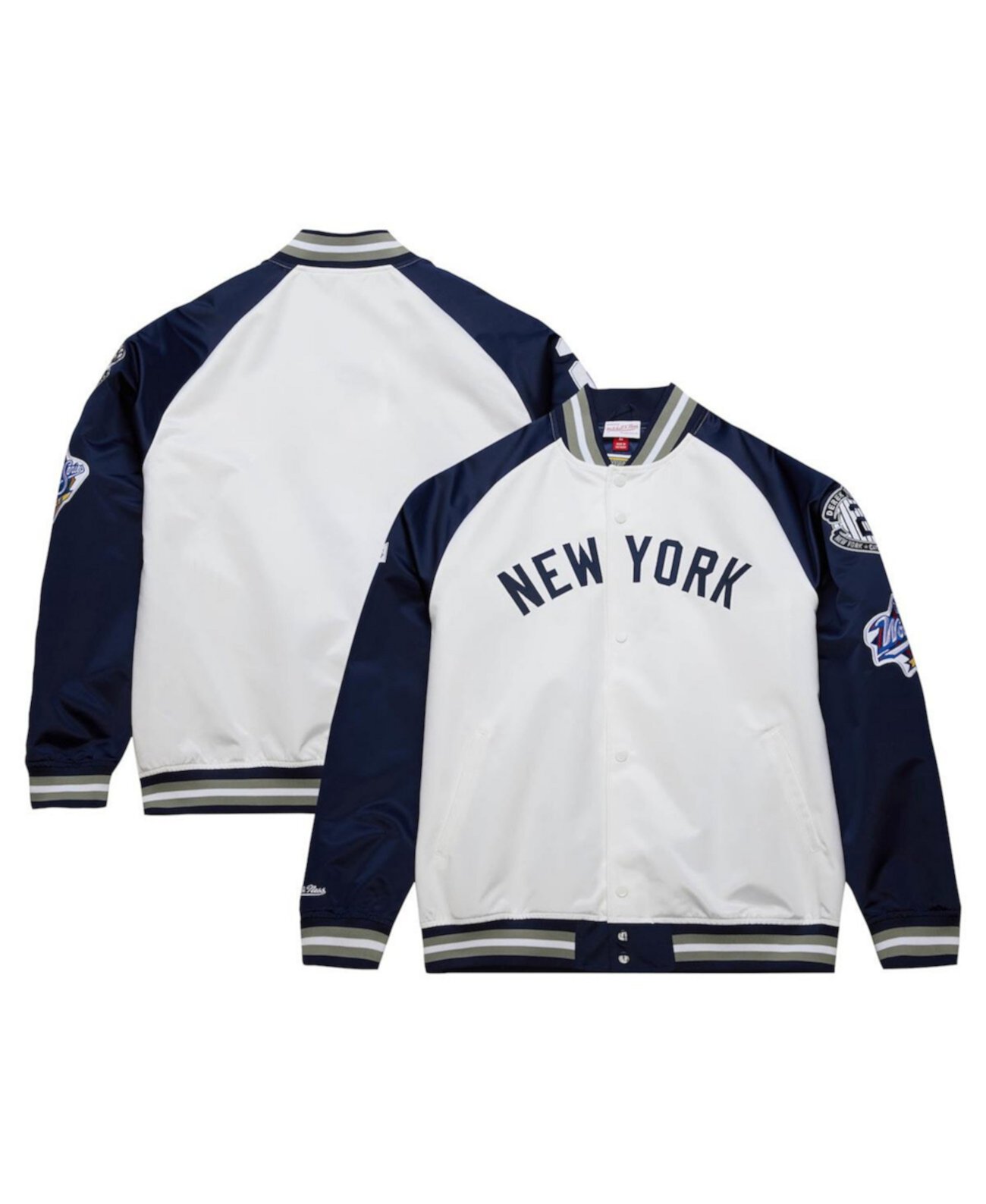 Мужская Куртка Mitchell & Ness Derek Jeter Бело-Синяя New York Yankees Cooperstown Collection Legends Легкая Атласная Рэглан на Пуговицах Mitchell & Ness