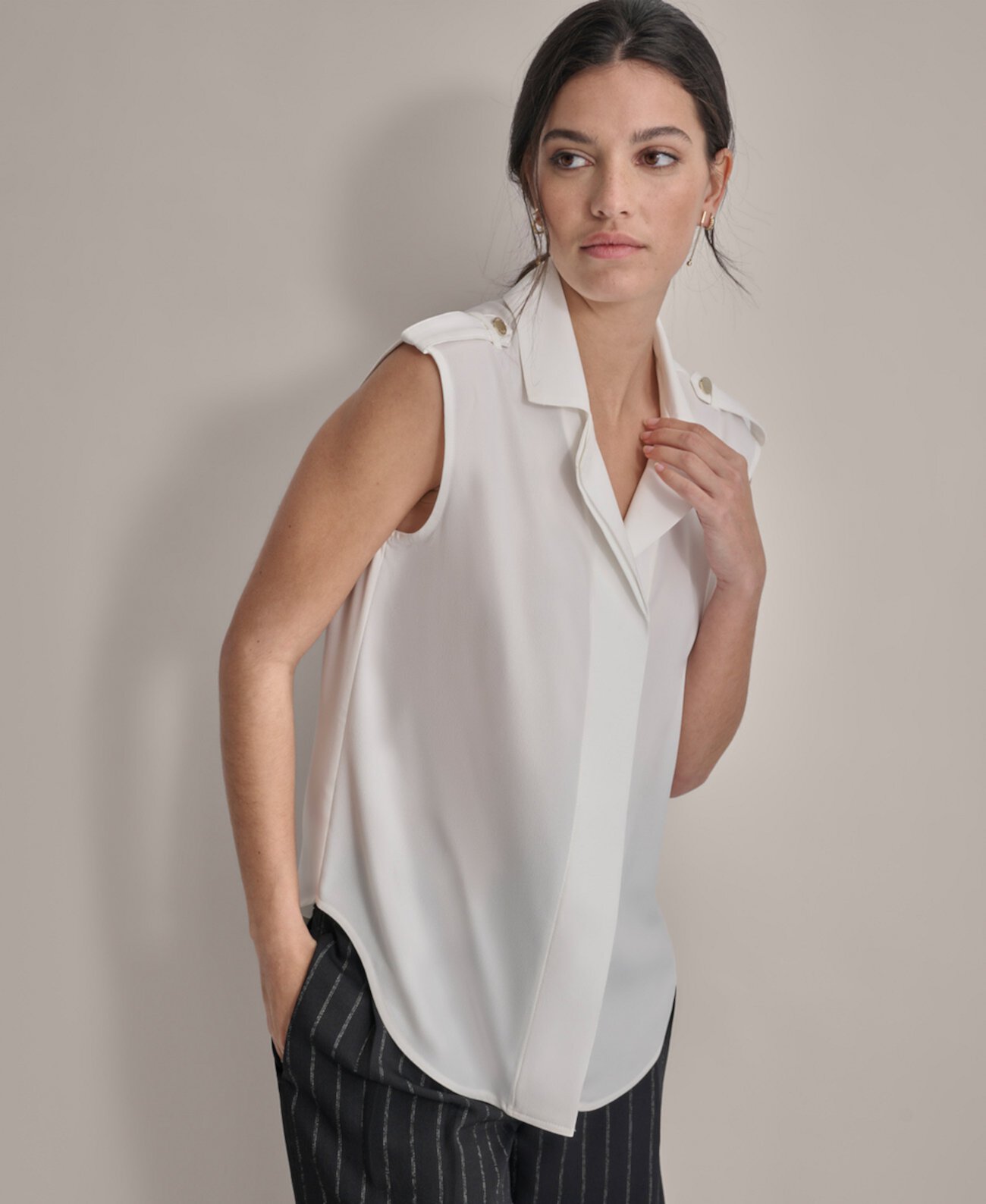 Petite Extended-Shoulder Epaulette Camp Blouse DKNY