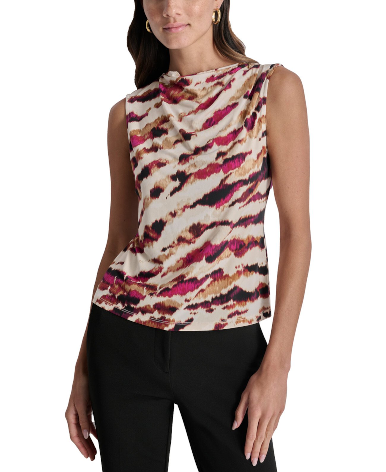 Petite Printed Draped-Neck Zipper-Shoulder Top DKNY