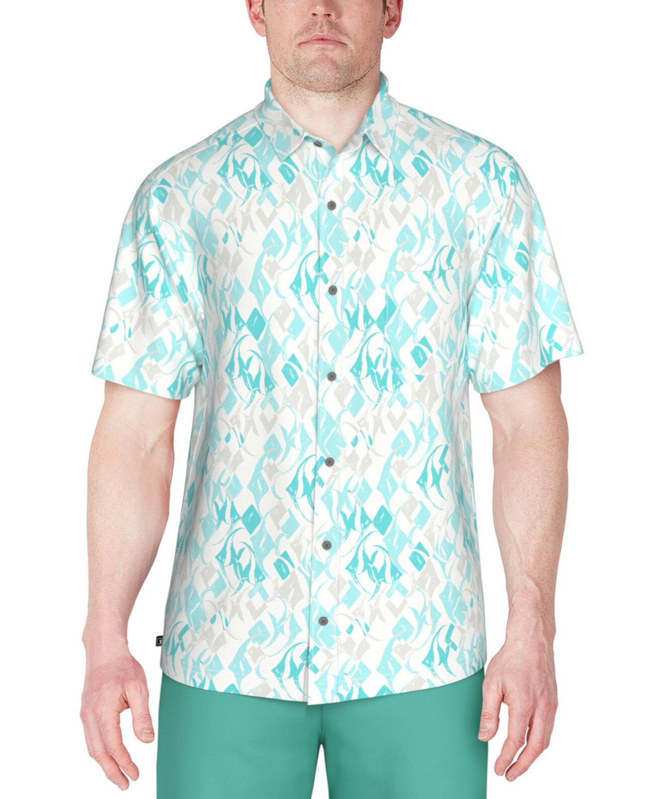 Men's Short Sleeve Button-Front Performance Argyle Fish Print Shirt PGA TOUR