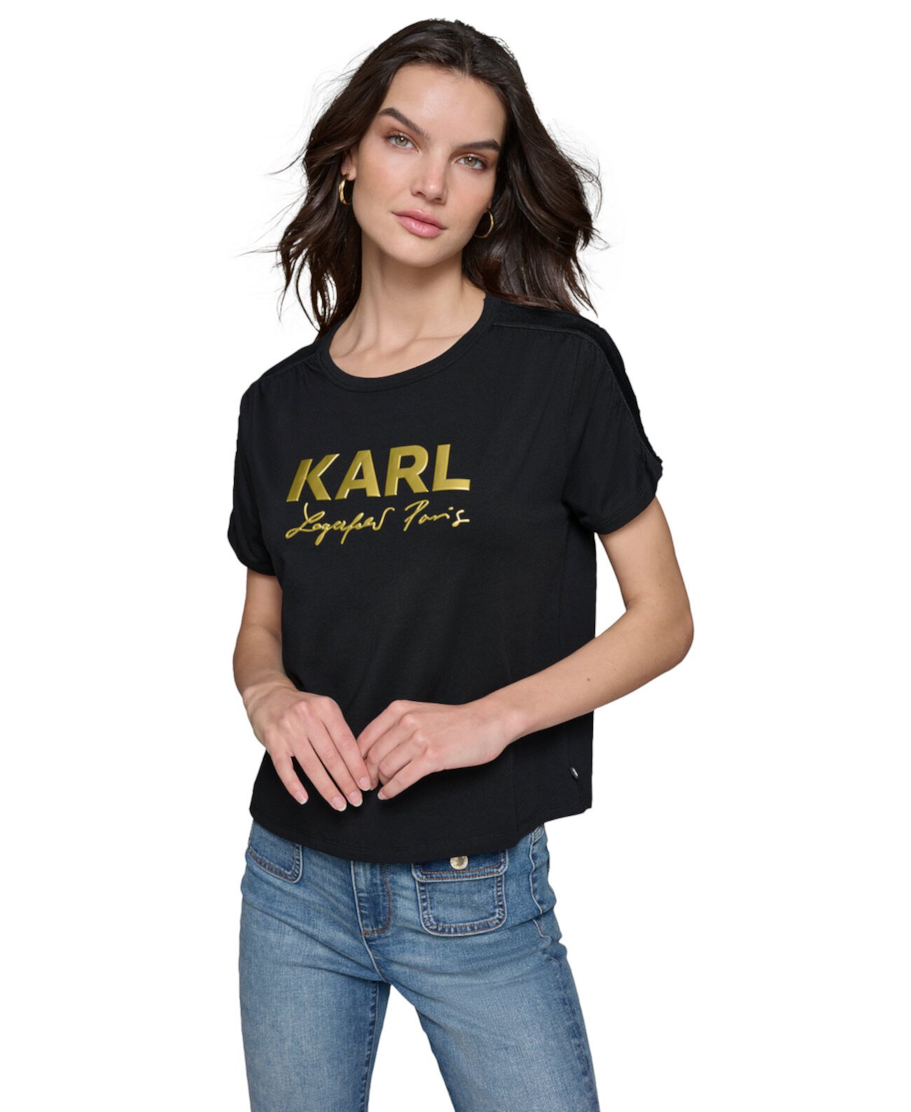 Women's Metallic-Logo Ruched-Sleeve T-Shirt Karl Lagerfeld Paris