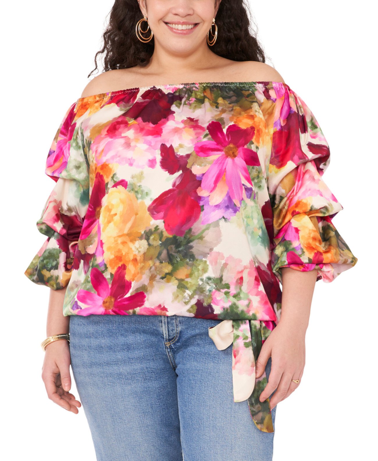 Women's Floral Off The Shoulder Bubble Sleeve Tie Front Blouse Vince Camuto