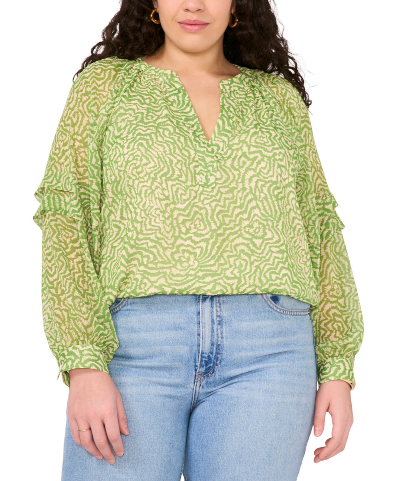 Plus Size Printed Long-Puff-Sleeve Blouse Vince Camuto