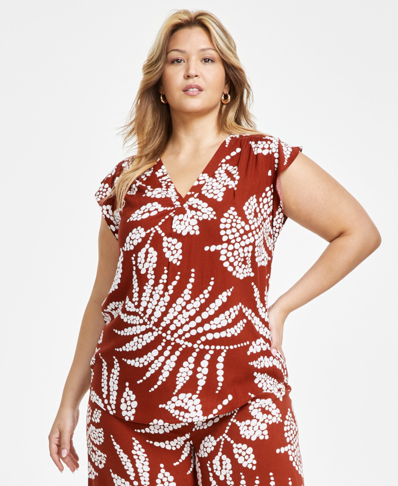 Plus Size Printed V-Neck Flutter-Sleeve Top Vince Camuto