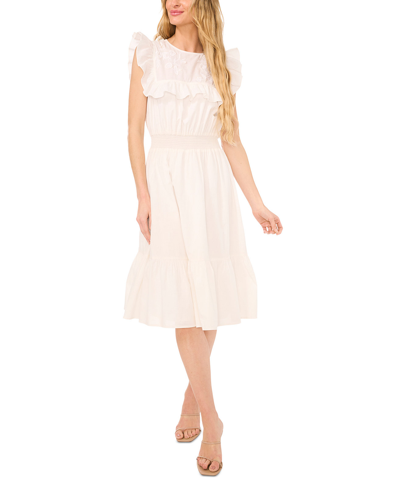 Women's Ruffle Embroidered Yoke Midi Dress CeCe