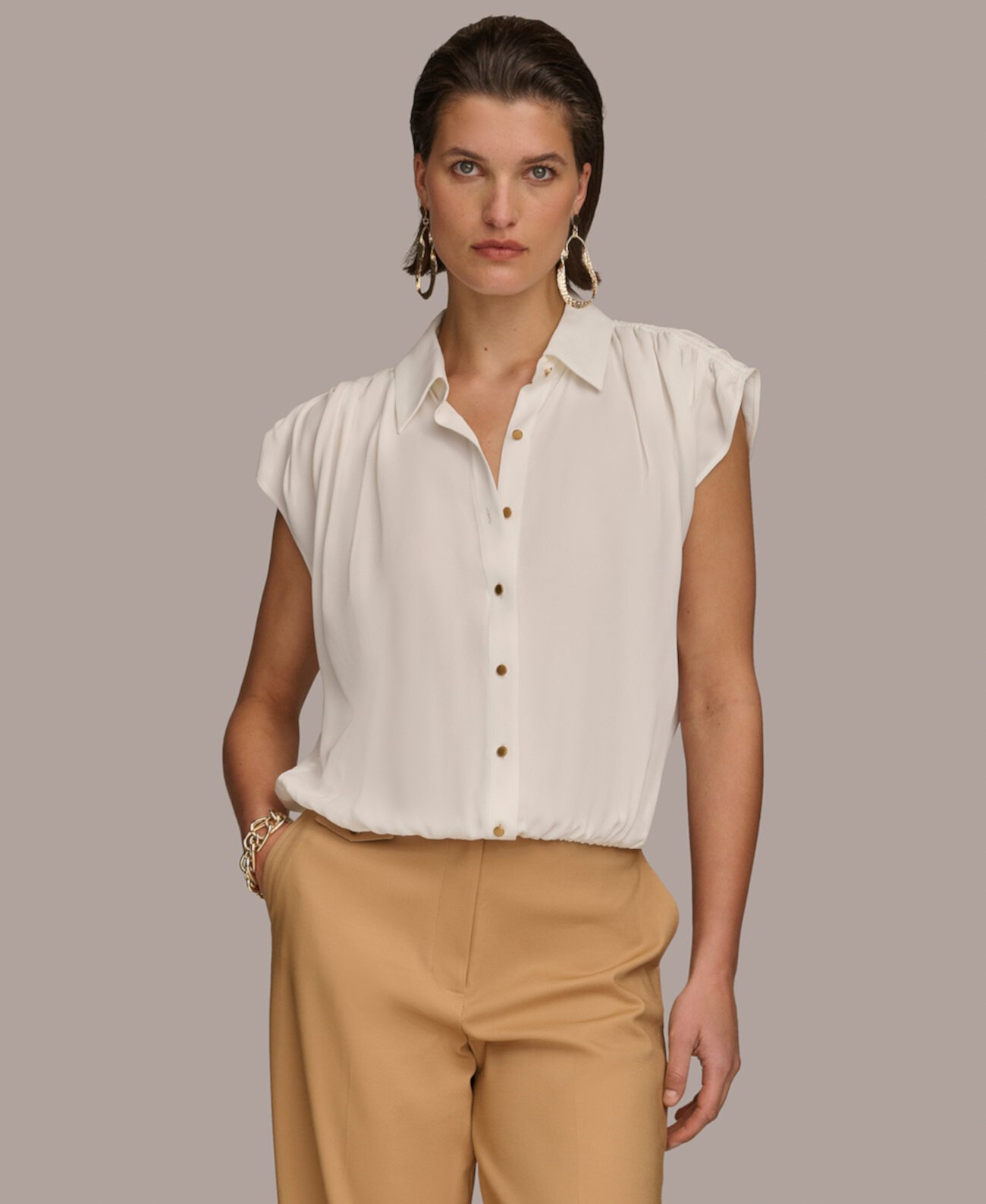 Women's Button-Front Short Sleeve Blouse Donna Karan New York