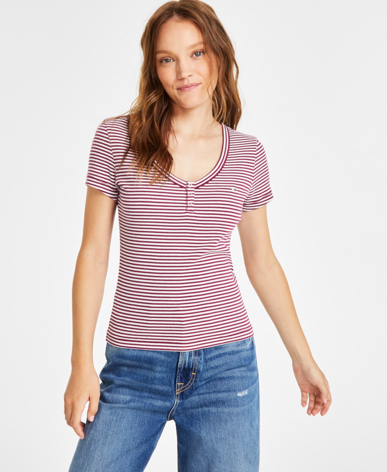 Women's  Striped Slim-Fit Henley Top Tommy Jeans