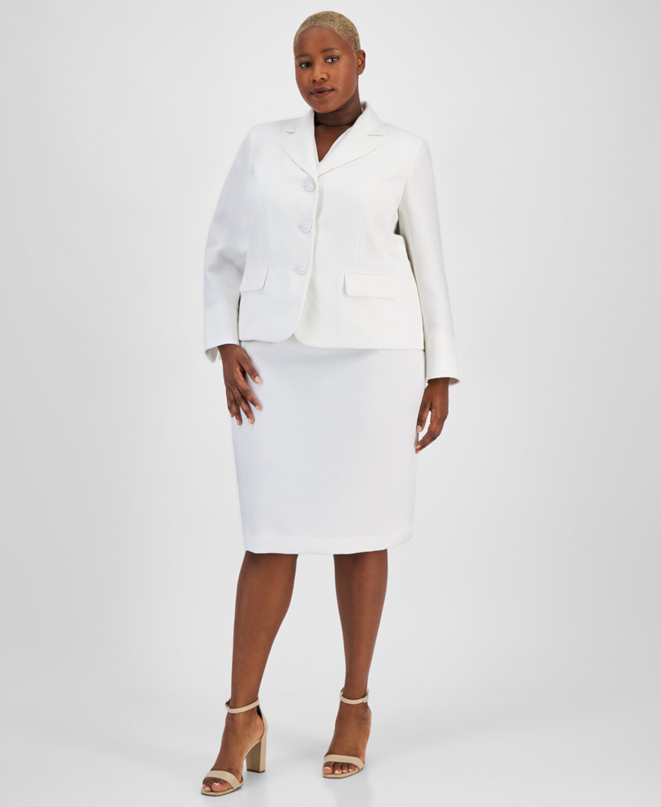 Plus Size Textured Three-Button Jacket & Skirt Suit Le Suit