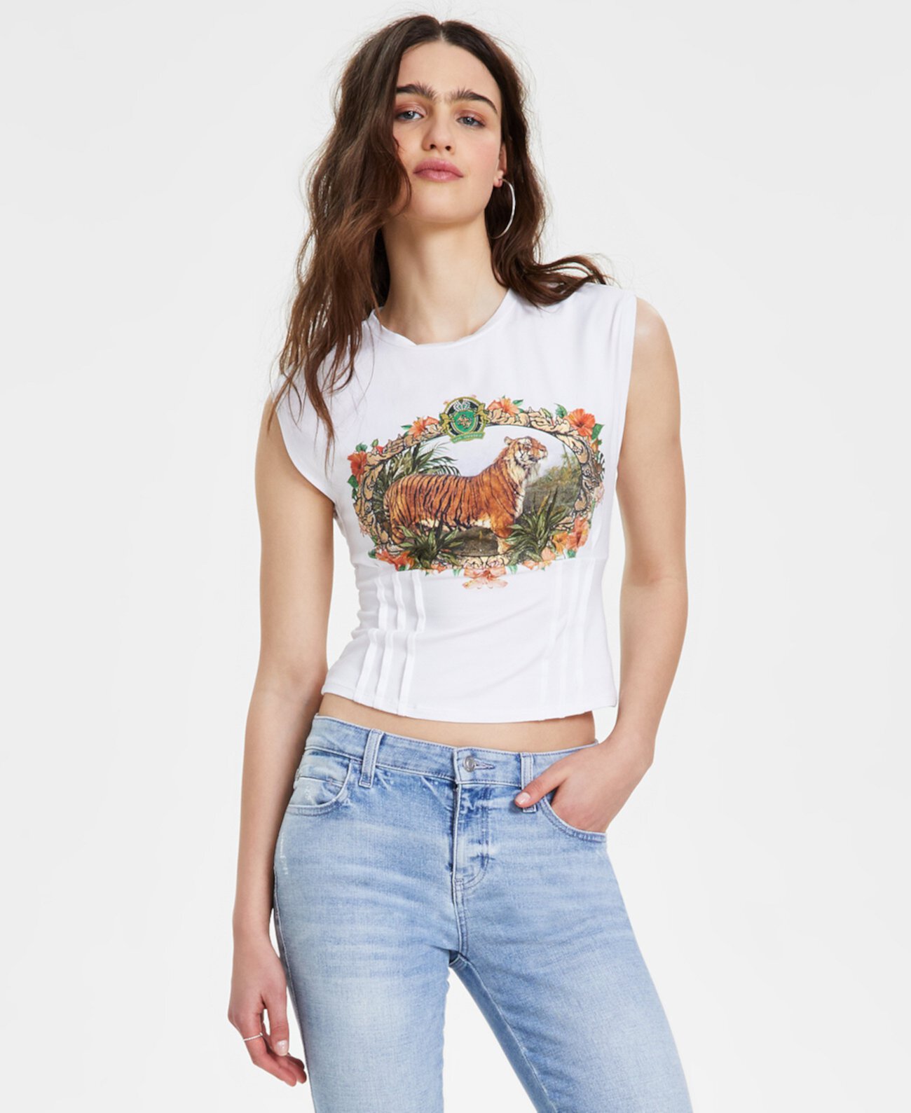 Women's Sleeveless Tiger-Graphic Corset T-Shirt GUESS