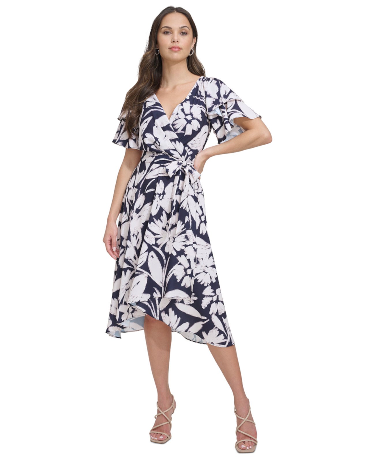 Women's Printed Flutter-Sleeve High-Low Dress DKNY
