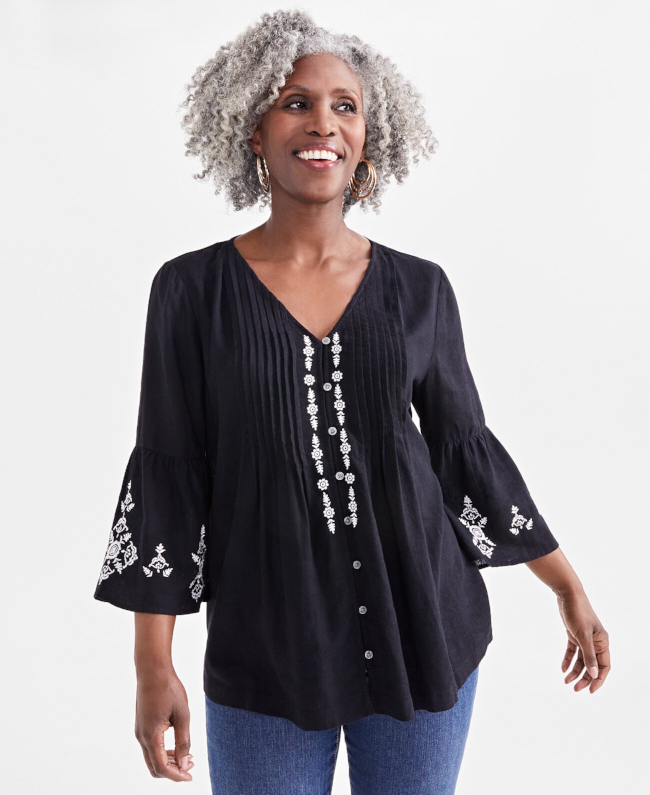 Women's V-Neck Pintuck Embroidery Top, Created for Macy's Style & Co