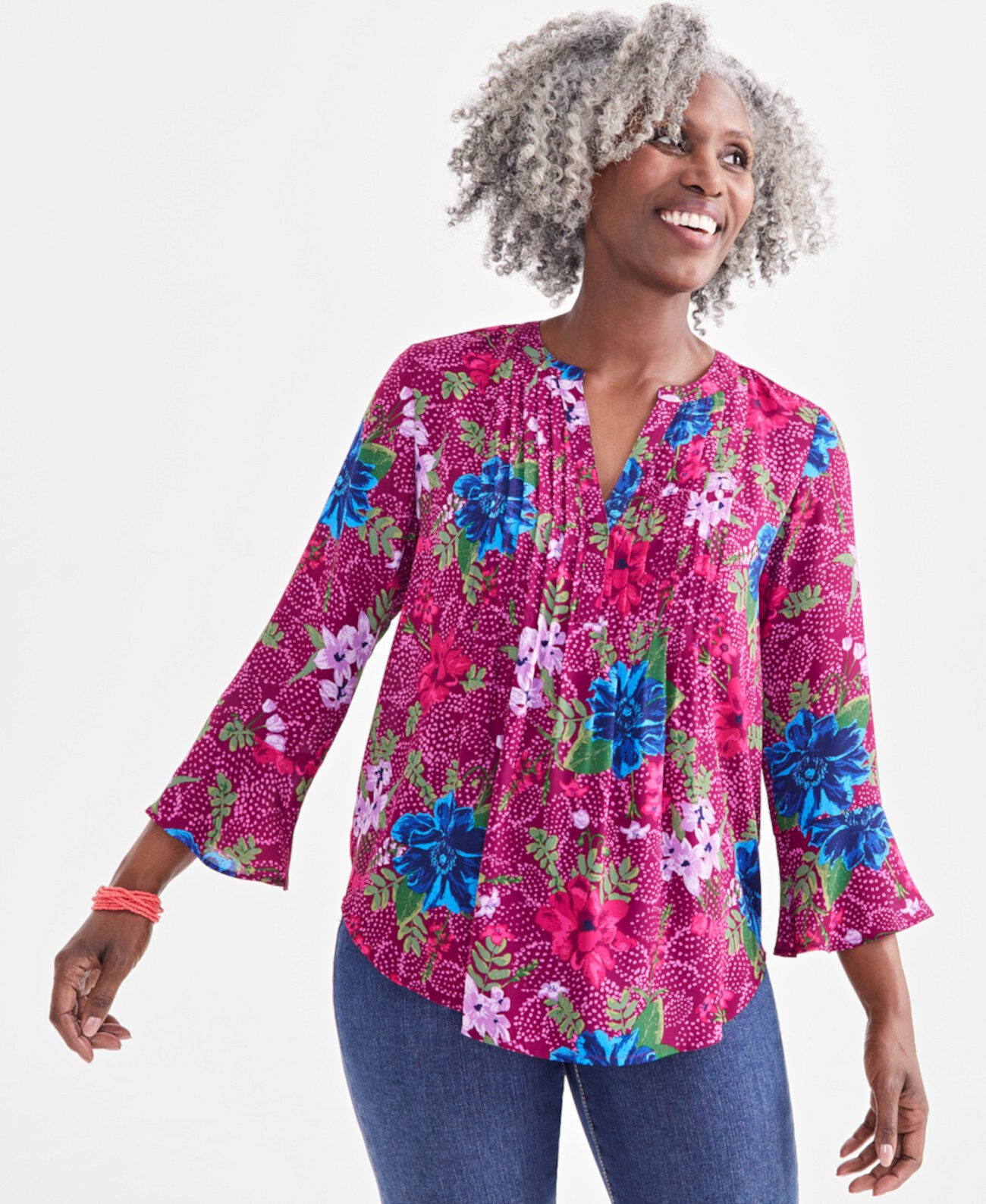 Petite Floral-Print Pintucked Top, Created for Macy's Style & Co