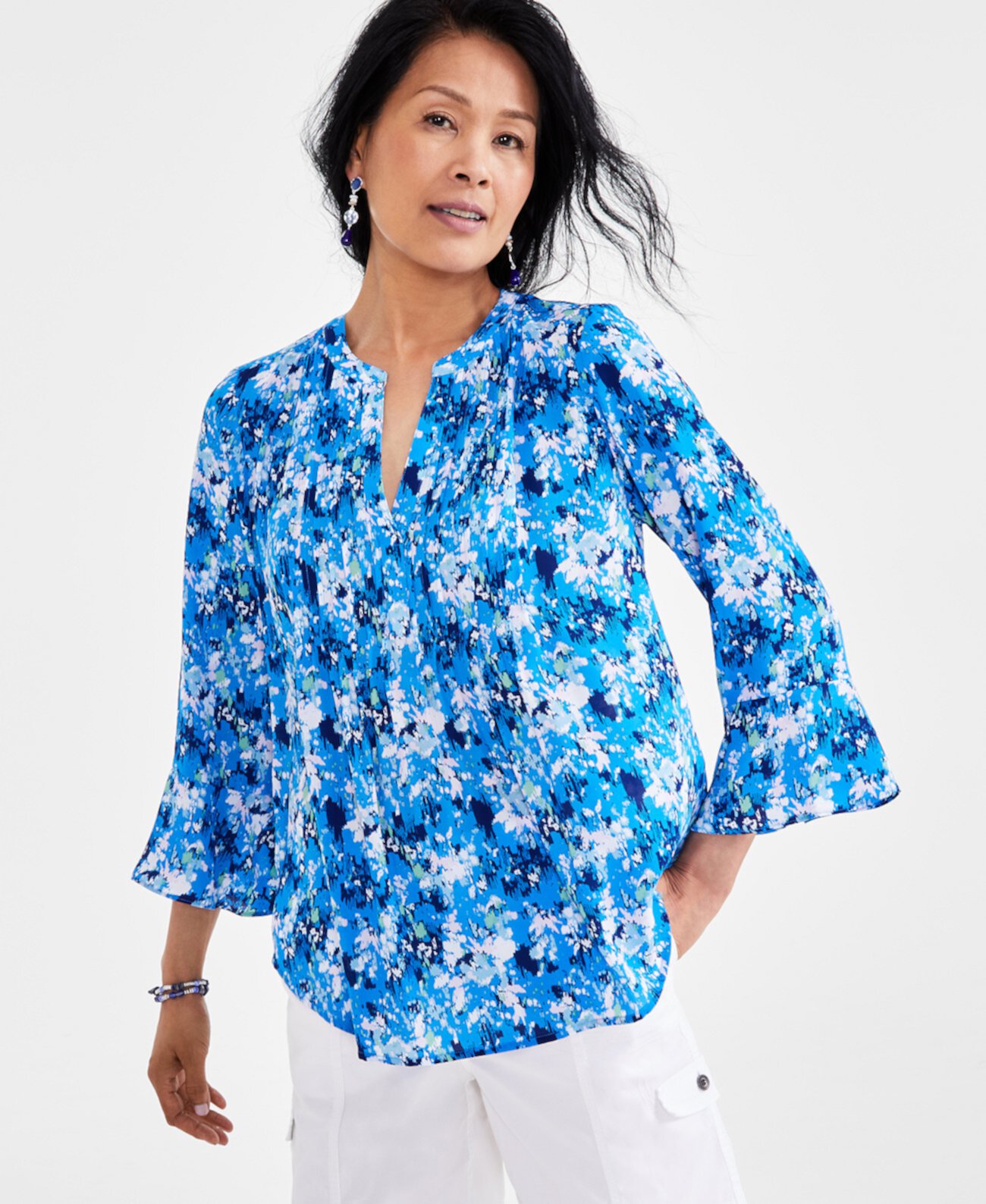 Women's Printed Pintuck Ruffle-Sleeve Woven Top, Created for Macy's Style & Co