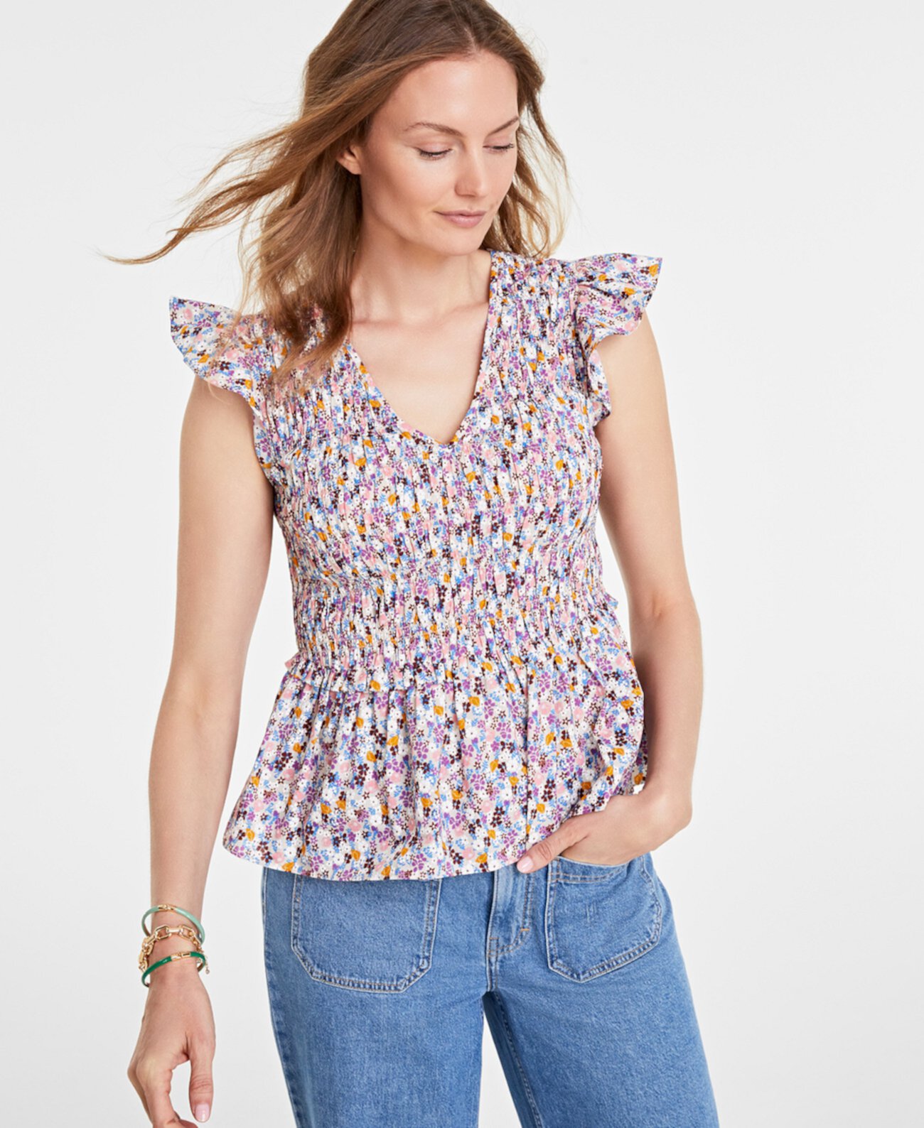 Women's Ruffle-Sleeve Printed Peplum Top, Created for Macy's On 34th