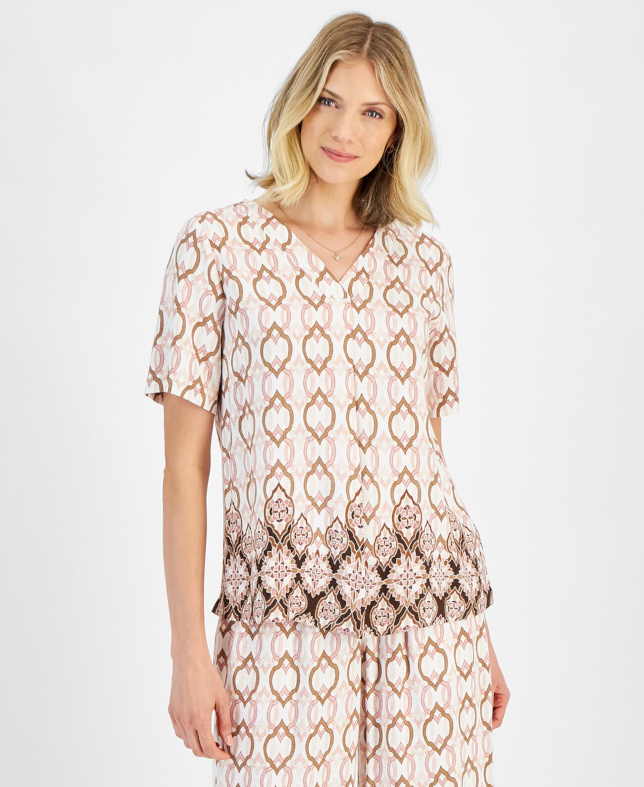 Petite Paradise Border V-Neck Short-Sleeve Top, Created for Macy's J&M Collection