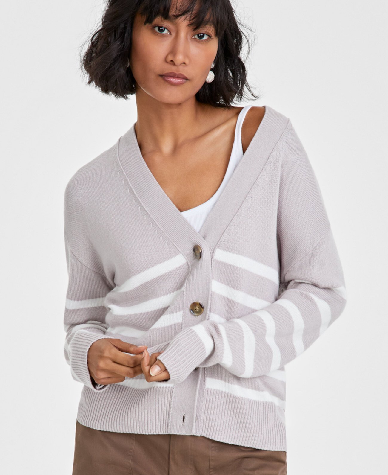 Women's V-Neck Striped Cardigan, Created for Macy's On 34th