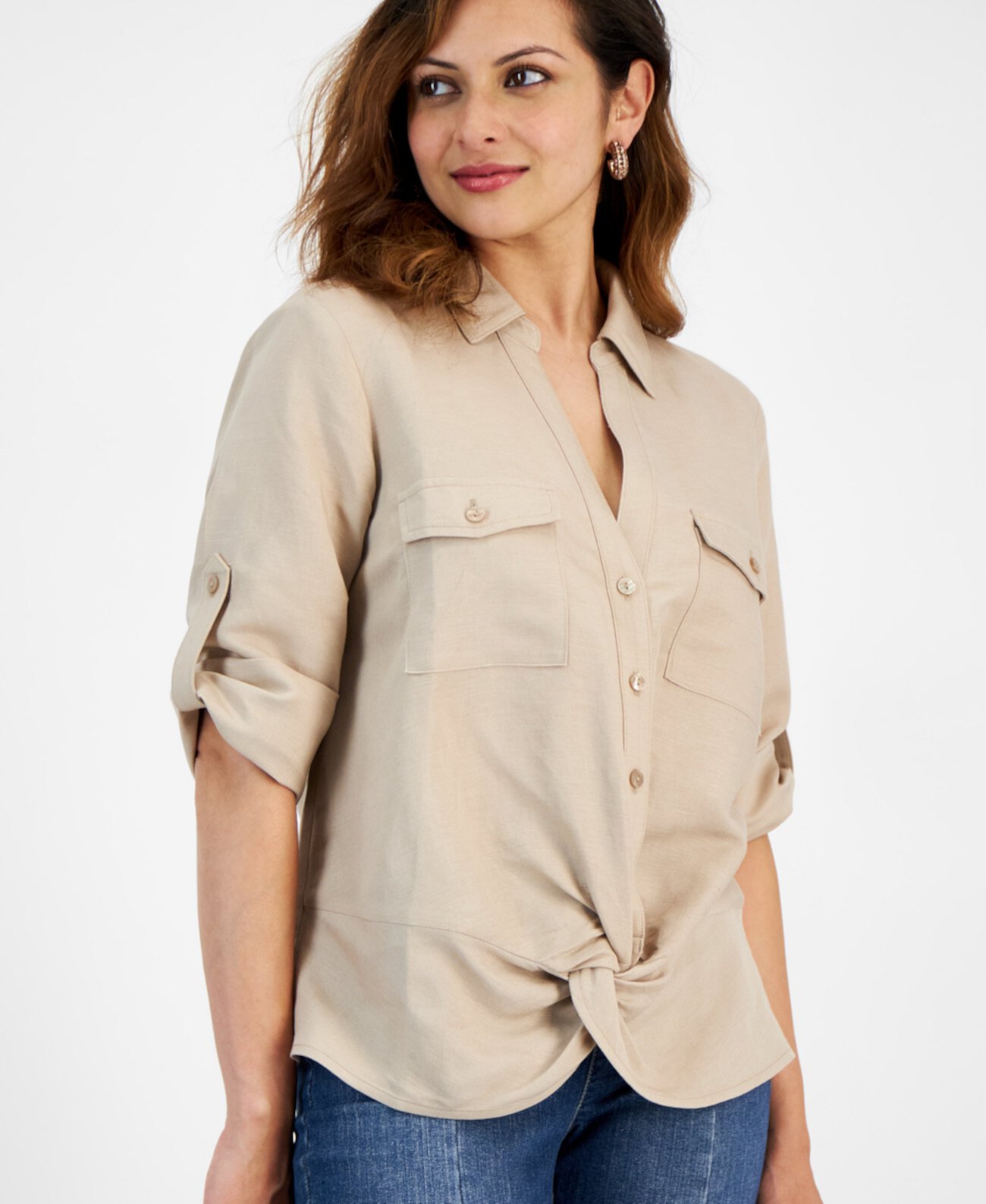 Petite Linen-Blend Twist-Hem Shirt, Created for Macy's I.N.C. International Concepts