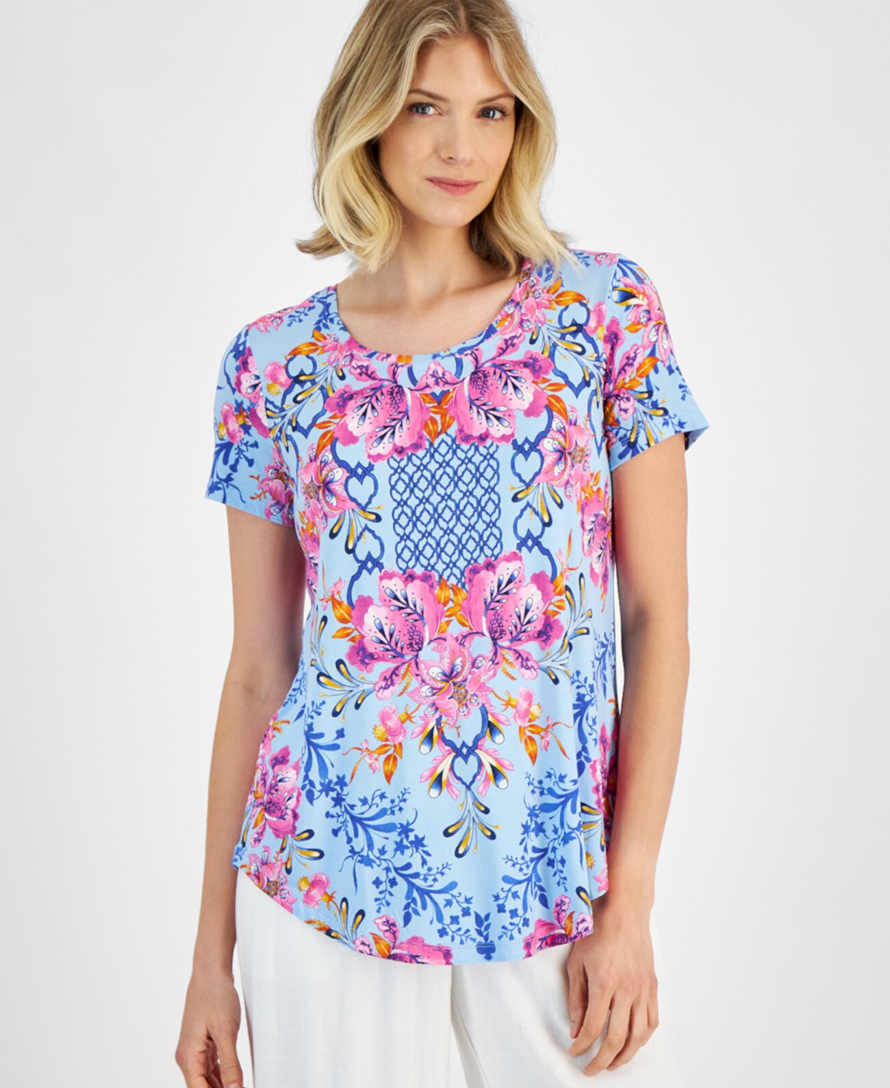 Women's Printed Scoop-Neck Short-Sleeve Top, Created for Macy's J&M Collection