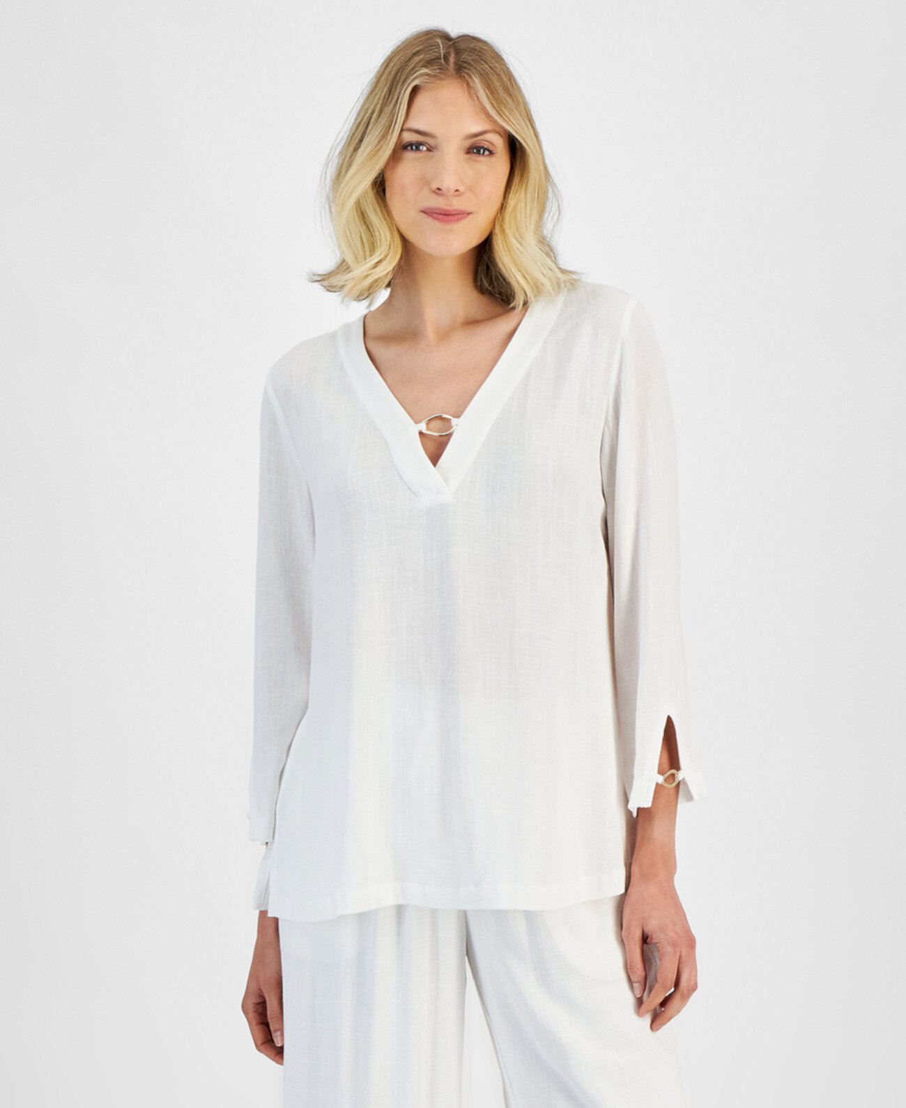 Petite 3/4-Sleeve Linen-Blend Top, Created for Macy's J&M Collection