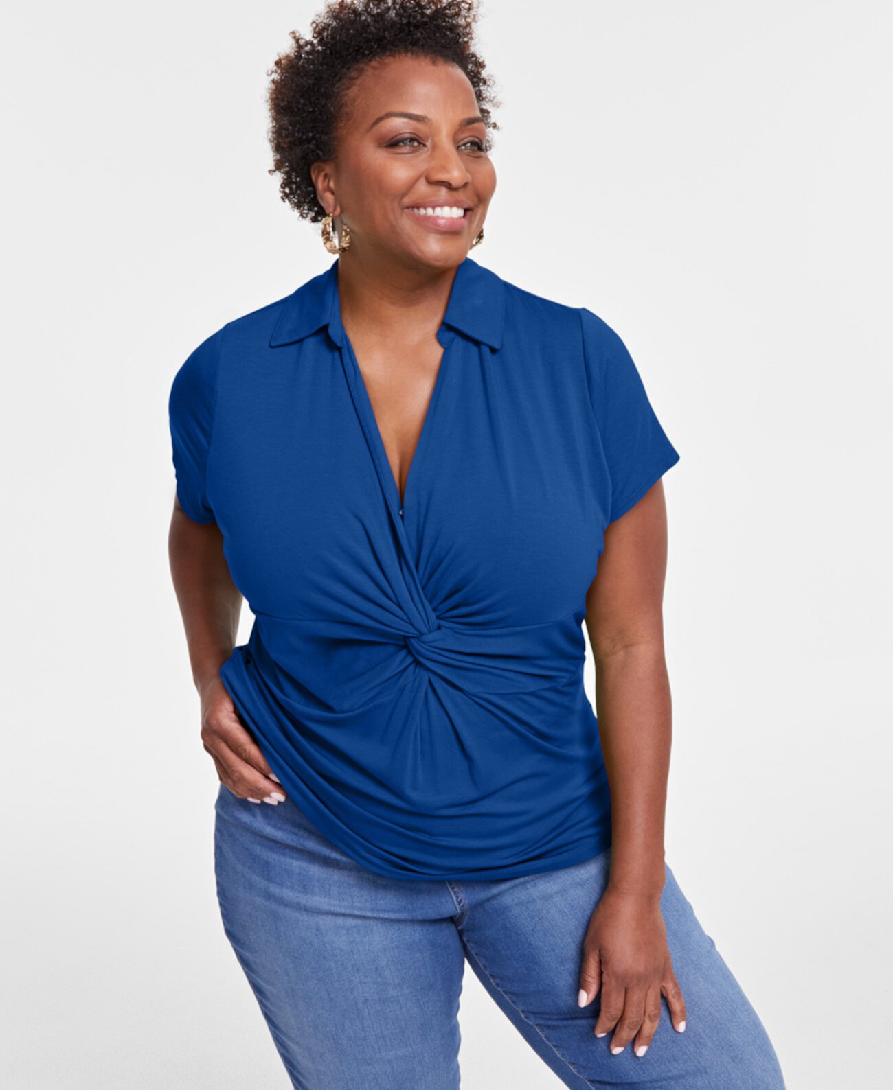 Plus Size Twist-Front Collared Top, Created for Macy's I.N.C. International Concepts