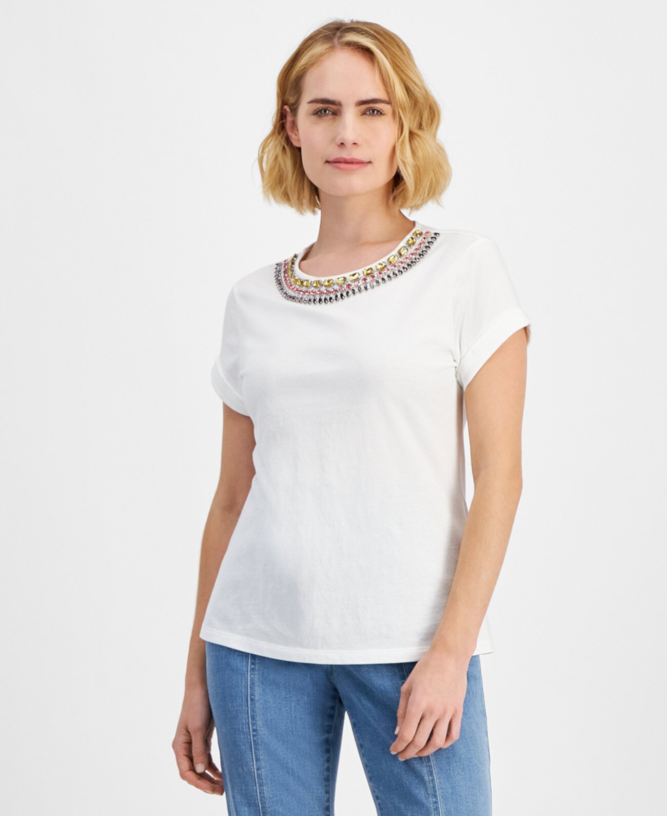 Petite Cotton Rhinestone-Embellished Top, Created for Macy's I.N.C. International Concepts