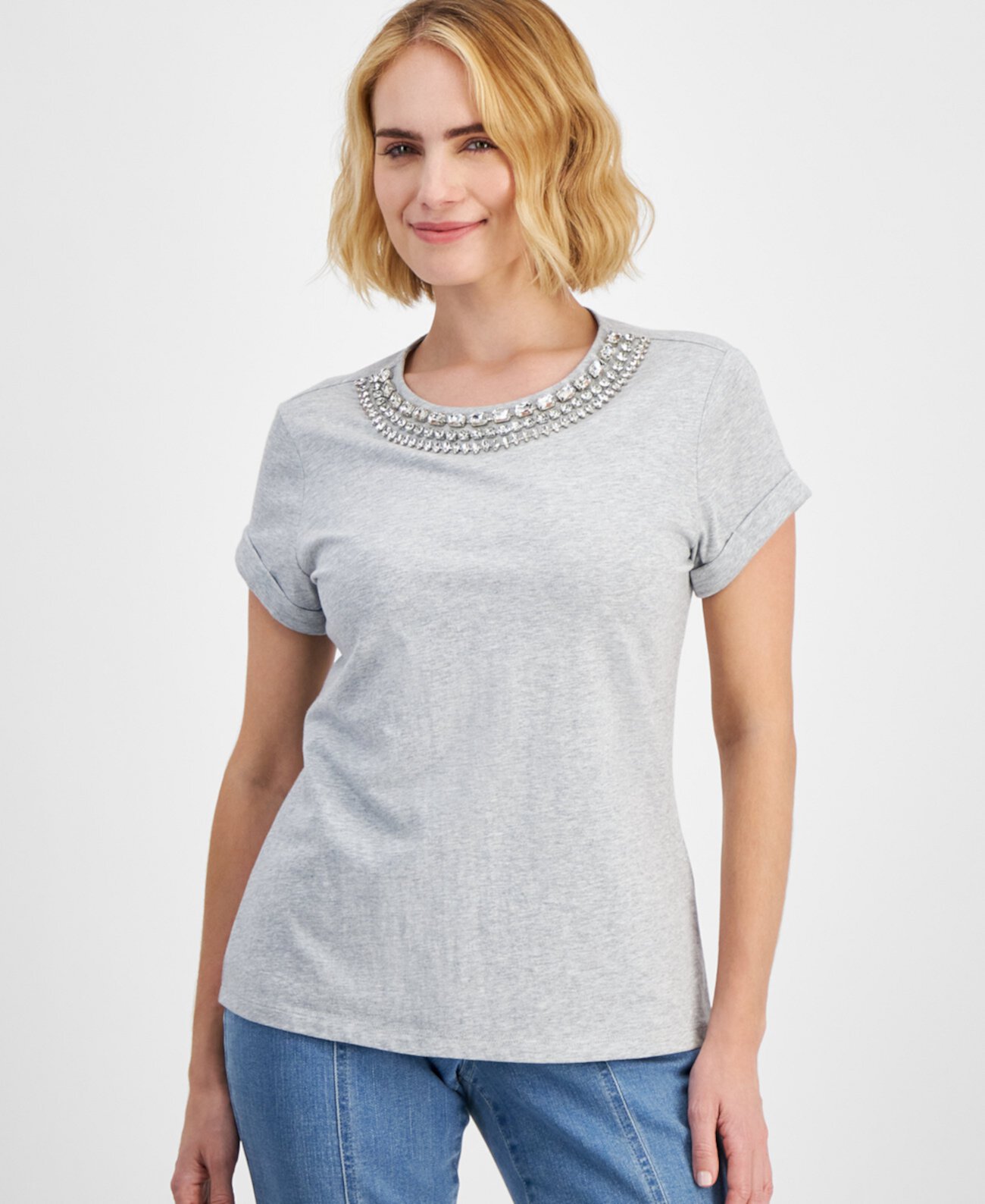 Petite Cotton Rhinestone-Neck Top, Created for Macy's I.N.C. International Concepts