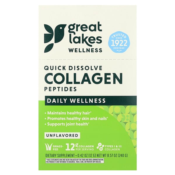 Quick Dissolve Collagen Peptides, Daily Wellness, Unflavored, 20 Packets, 0.42 oz (12 g) Each Great Lakes Wellness