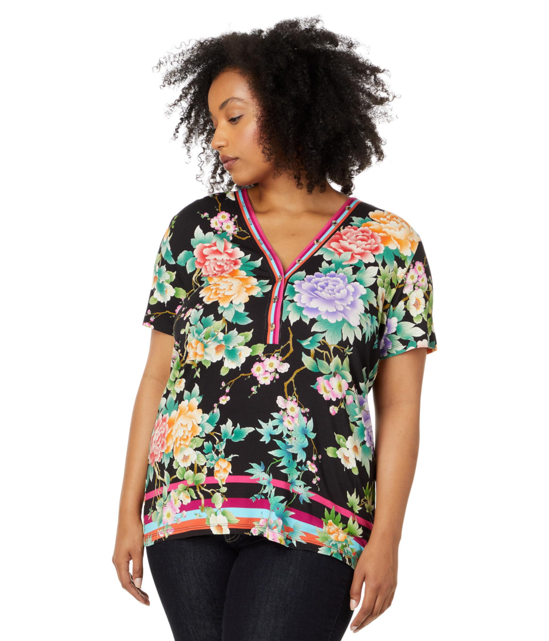 The Janie Favorite Button Neck Tee- Le Jardin Johnny Was