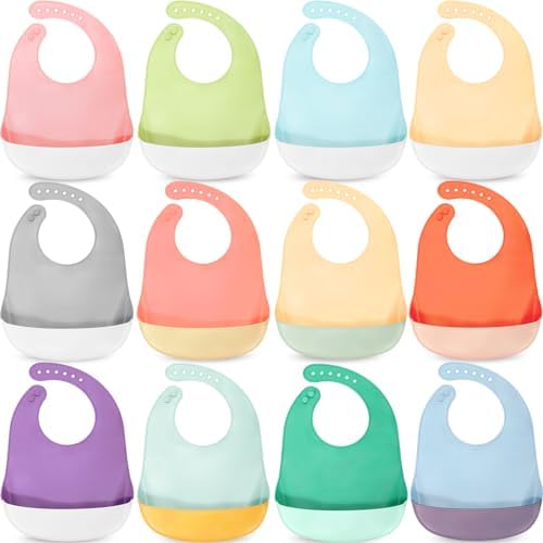 12 Pcs Silicone Bibs Waterproof Silicone Baby Bibs Soft Adjustable Baby Feeding Bib Unisex Baby Eating Supplies (Bright Color) Mepase