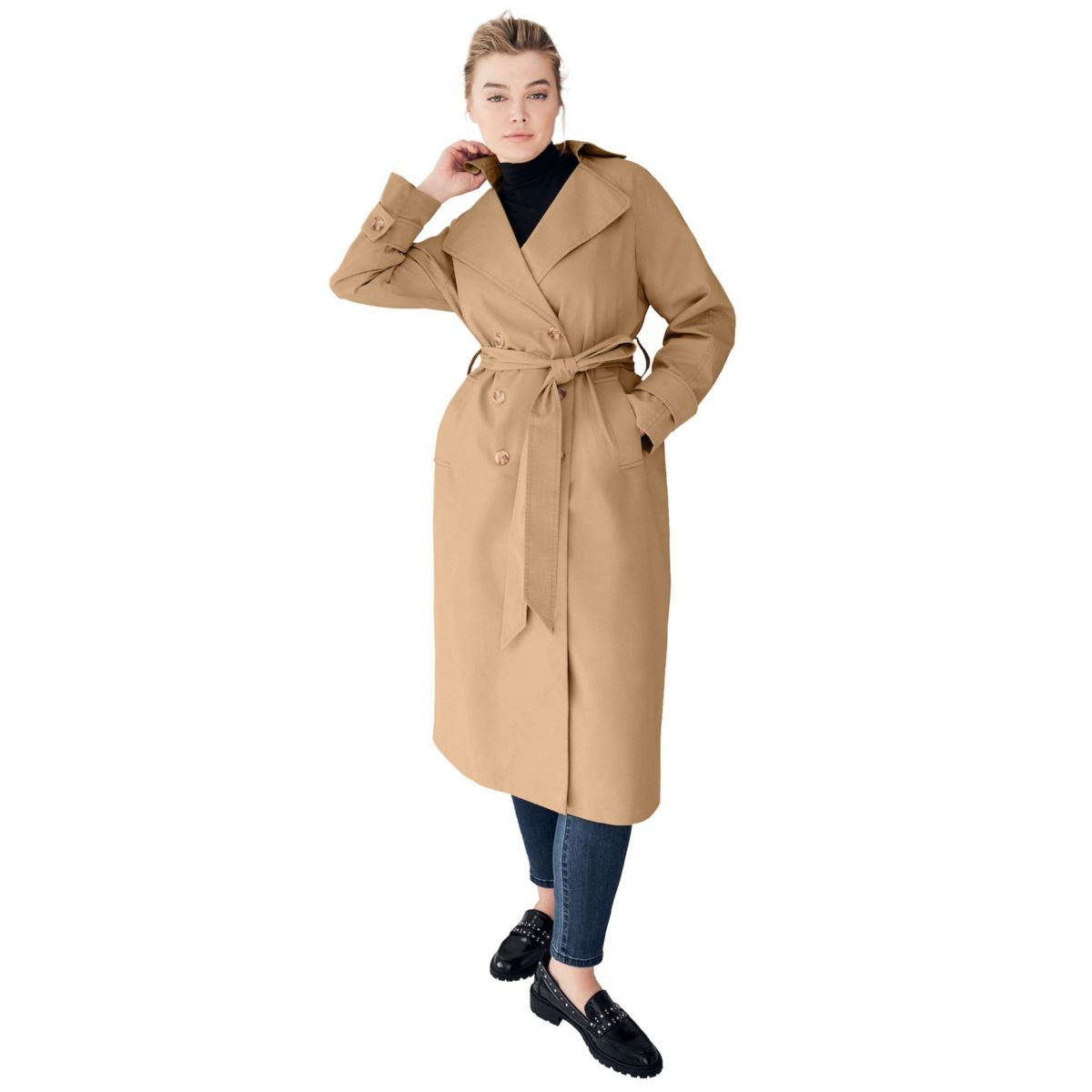 Ellos Women's Plus Size Double-breasted Belted Trench Raincoat Ellos