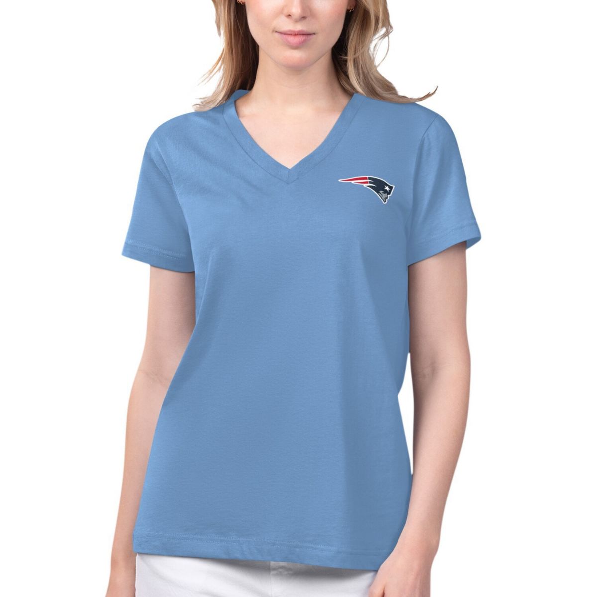 Women's Margaritaville Blue New England Patriots Game Time V-Neck T-Shirt Margaritaville