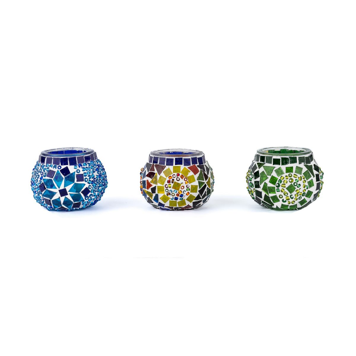 2.4 in. Handmade Blue and Green and Multicolor Mosaic Glass Tealight Candle Holder (Set of 3) Kafthan