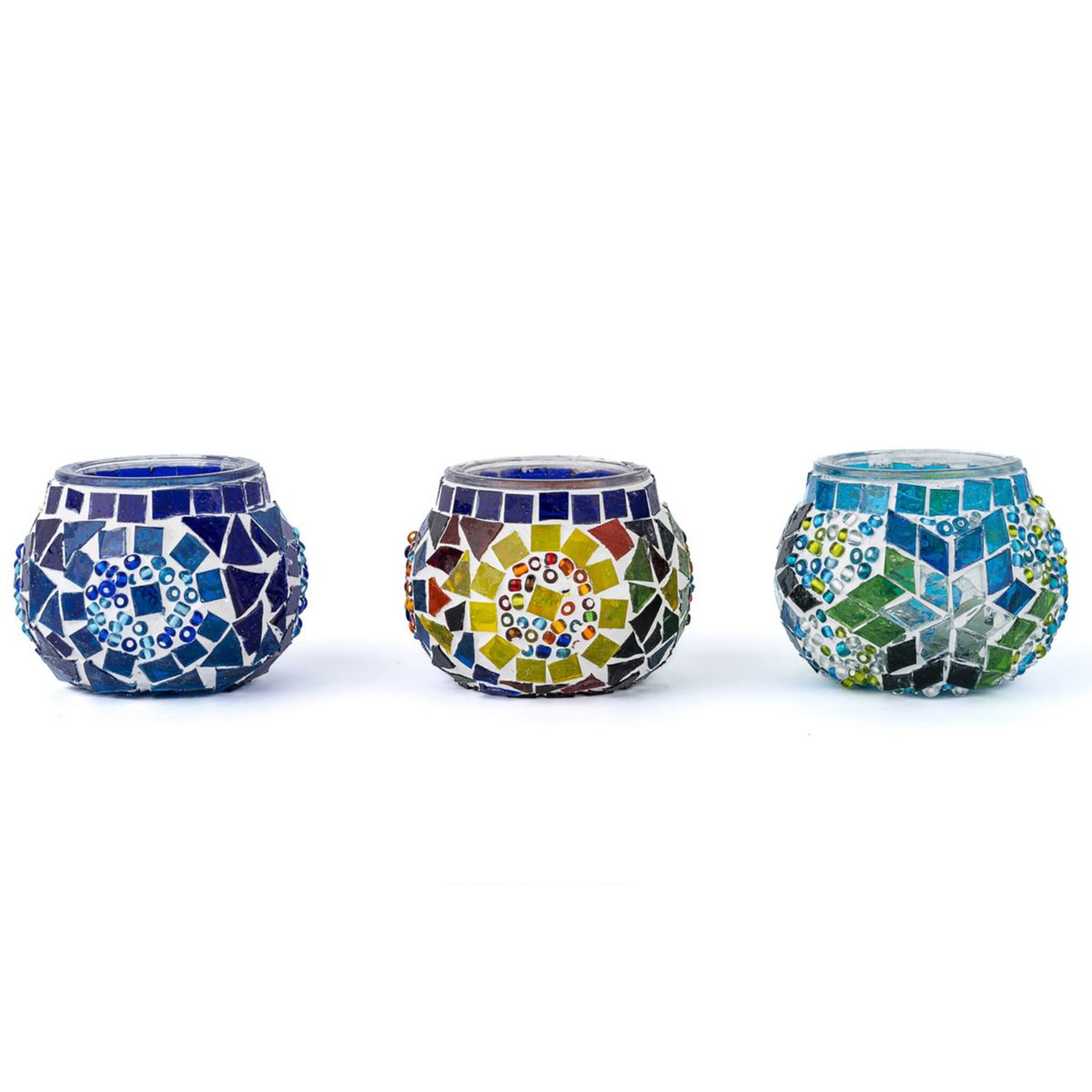 2.4 in. Handmade Blue and Turquoise and Multicolor Mosaic Glass Tealight Candle Holder (Set of 3) Kafthan