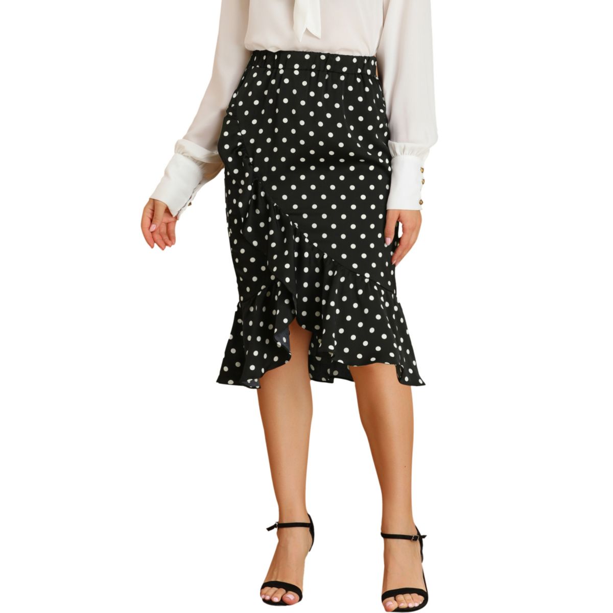 Women's Midi High Waist Polka Dots Ruffle Asymmetrical Skirt ALLEGRA K