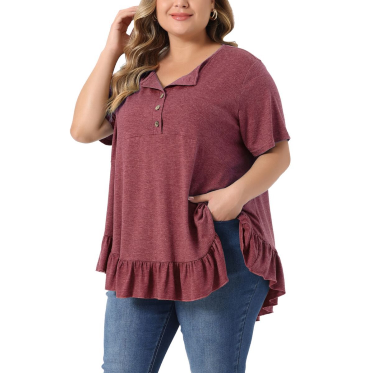 Plus Size T Shirts For Women V Neck Button Up Short Sleeve Ruffled Hem Blouse Tops Agnes Orinda