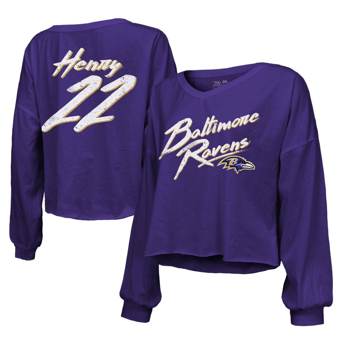 Women's Majestic Threads Derrick Henry Purple Baltimore Ravens Name & Number Off-Shoulder Script Cropped Long Sleeve V-Neck T-Shirt Majestic Threads