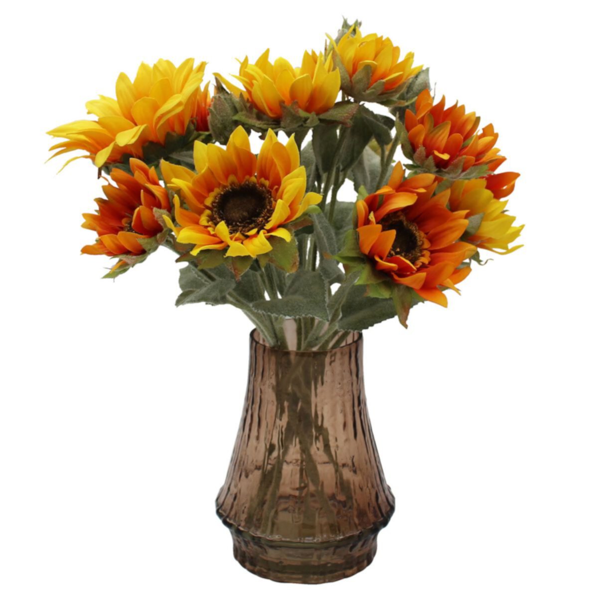 Artificial Sunflowers In Amber Glass Vase Floral Arrangement Table Decor Unbranded